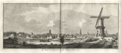 135825 Profiel van de stad Utrecht gezien uit het noordwesten, vanaf het Paardenveld, met links de molen Rijn en Zon in ...